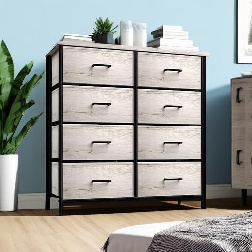 Sorbus Dresser with 8 Faux Wood Drawers - Chest Organizer Unit with Steel Frame Wood Top & Handle Easy Pull Fabric Bins for Clothes - Storage Furniture for Bedroom, Hallway, Living Room & Closet