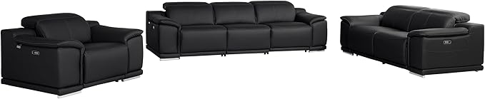 Blackjack Furniture Venice Top Grain Italian Leather 6 Power Recliner Seaters 3 Piece Sofa Set with Adjustable Headrests Modern Luxury Seating Sofa, Loveseat and Chair for Living Room Lounge, Black