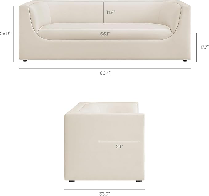 Modway Hilda 86 Inch Modern Curved Back Performance Velvet Sofa in Alabaster – Plush Upholstered 3-Seat Couch for Living Room, Apartment, Office