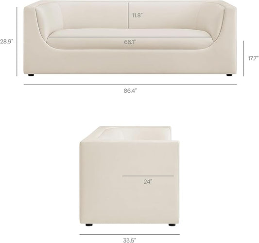 Modway Hilda 86 Inch Modern Curved Back Performance Velvet Sofa in Alabaster – Plush Upholstered 3-Seat Couch for Living Room, Apartment, Office