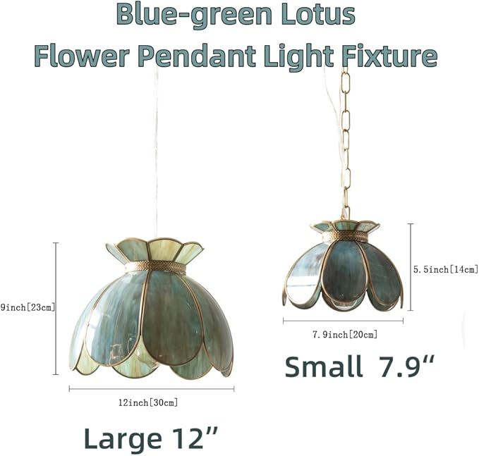 Brass Glass Ceiling Pendant Light, Hanging Chain lamp, with Vintage Lotus Flower Blue Green Glass Shade for Kitchen Island Dining Room Bedroom Living Room-7.9" Shade
