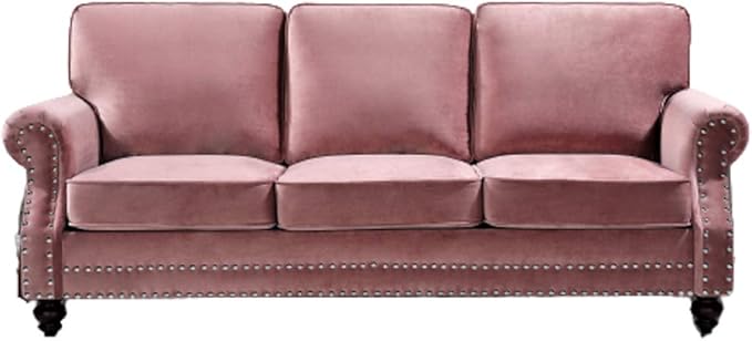 Container Furniture Direct Lotus Mid Century Modern Velvet Upholstered Living Room Rolled Arms, Sofa and Loveseat, Salmon