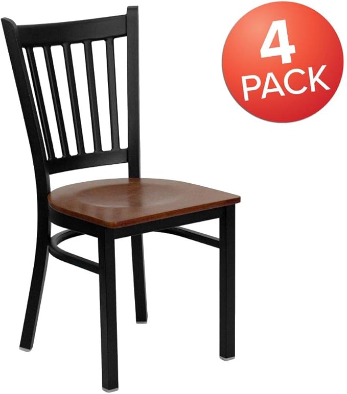Flash Furniture 4 Pack HERCULES Series Black Vertical Back Metal Restaurant Chair - Cherry Wood Seat