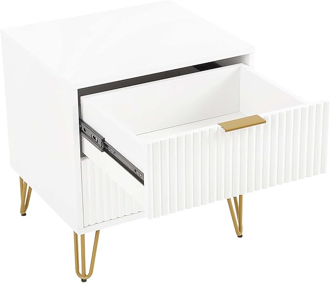 Manhattan Comfort Dumbo Fluted Nightstand with 2 Drawers, Gold Metal Legs and Metal Handles, Snap Tool-Free Assembly, Modern Bedside Accent Table with Storage for Bedroom, Living Room, Office in White