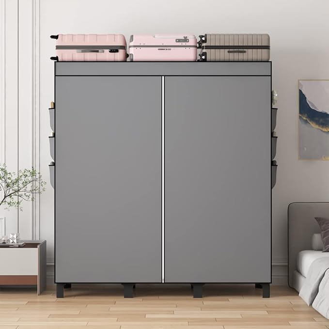 Portable Closet, 51.18" Large Capacity Clothing Storage Organizer with 3 Hanging Rods 6 Shelves 18 Side Pockets, Dustproof Sturdy Wardrobe for Bedroom Dorm Rental Apartment(Grey, Large)