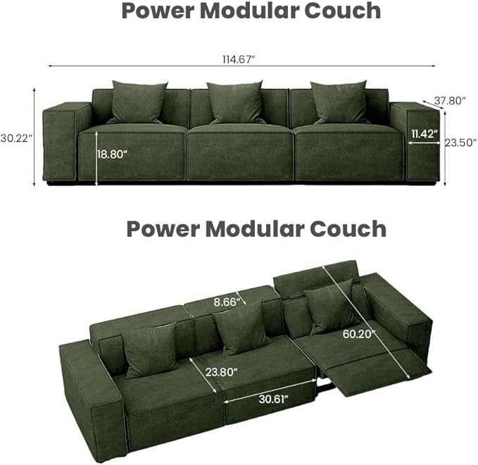 114.67'' Power Recliner Couch, Modern Recliner Sofa for Living Room, Performance Fabric Couch with Pillows, Mid Century Modern Sofa, Pet Friendly, Free Combination for Home, Green