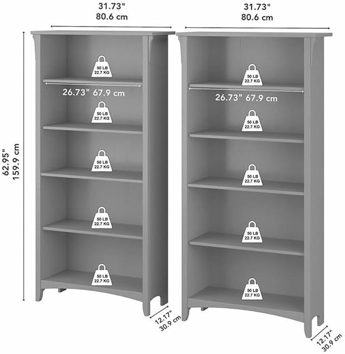 Bush Home Salinas Tall 5 Shelf Bookcase - Set of 2 in Cape Cod Gray, Vertical Office Storage, Bookshelves for Home Workspace, Multi-Purpose Shelving Units