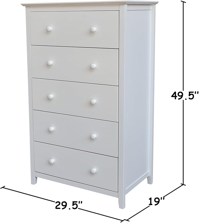 International Concepts Solid Wood Bedroom Dresser/Chest with 5 Drawers in White