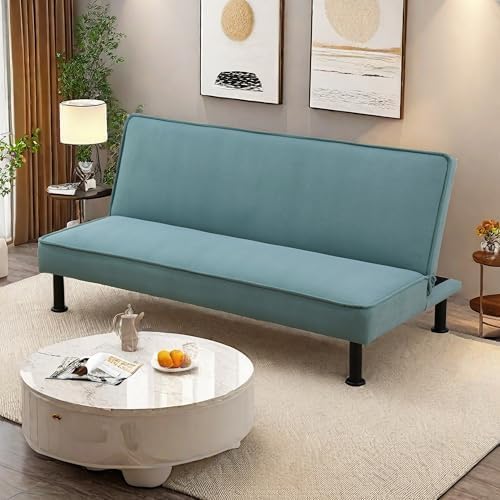 Futon Sofa Bed, Convertible Sofa Couch with Flannel Fabric Adjustable Backrest, Sleeper Couch Bed Loveseat with Curved Armrest for Living Room Bedroom Small Spaces, Green, 77.5"