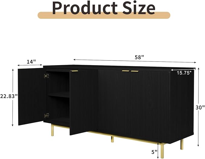 MUUEGM Sideboard Buffet Cabinet with Storage, 58" Large Kitchen Storage Cabinet with Shelves and 4 Fluted Doors, Modern Console Table for Kitchen, Dining Room, Hallway(Black)
