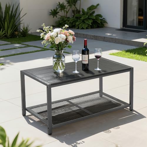 VINGLI Outdoor Coffee Table with Double-Layer Storage, Rectangle Weather-Resistant Patio Coffee Table for Garden, Balcony, Hot Tub, Poolside, Heavy-Duty Metal Frame, Black