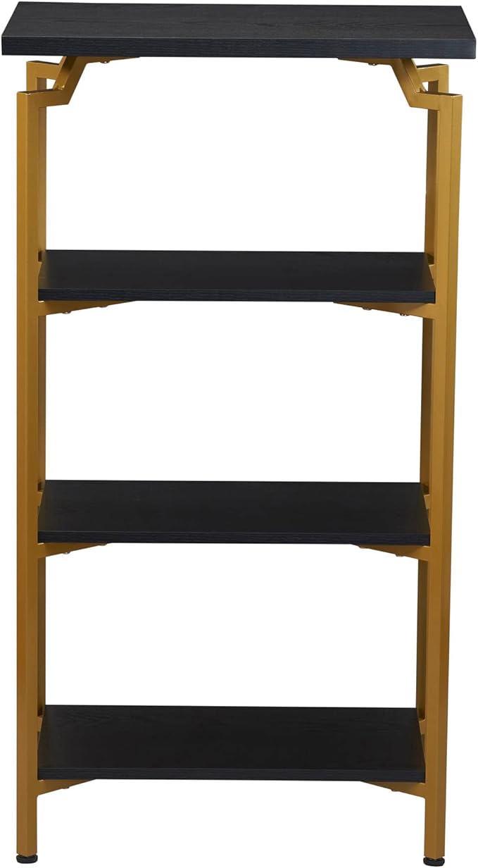 Household Essentials Crown Narrow 4 Shelf Open Storage Bookshelf Black Oak Wood Grain and Gold Metal