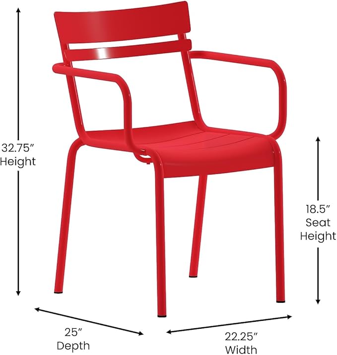 Flash Furniture Nash Commercial Grade Steel Stack Chair, Indoor-Outdoor Arm Chair with 2 Slat Back, Red