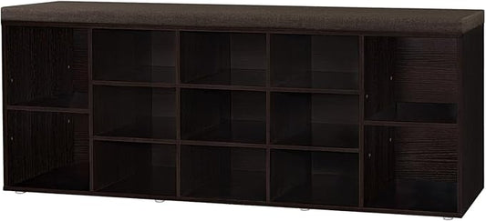 DINZI LVJ Shoe Storage Bench with Cushion, 13-Cubby Shoe Rack, Adjustable Shelves, Multifunctional Shoe Organizer Bench for Entryway, Mudroom, Hallway, Living Room, Bedroom and Garage, Espresso