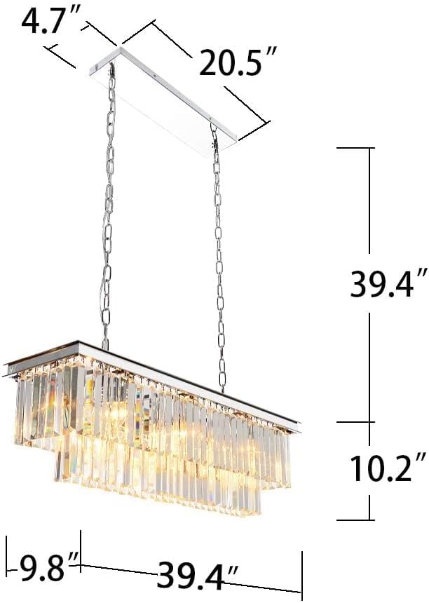 L39.4 Chrome Rectangle Modern Crystal Chandeliers Lighting Rectangular Pendant Ceiling Lights Fixture Lamp for Dining Living Room