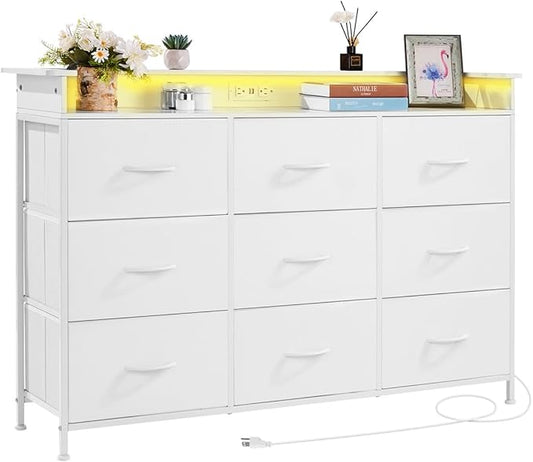 VEVOR 9 Drawer Dresser, Tall Drawer Dresser with Fabric Bin, Closet Storage Drawers with Sturdy Metal Frame, LED Lights & Built-in Outlet, Fabric Storage Tower for Bedroom, Hallway, Closet, White
