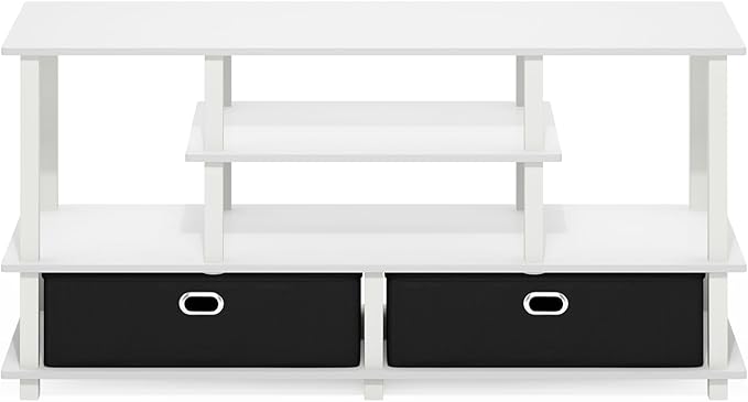 Furinno Jaya TV Stand, 4-Tier Entertainment Center with Open Shelf, TV Console for TV up to 55 Inch with 2 Storage Bins, Toolless Assembly, for Living Room, Bedroom, White