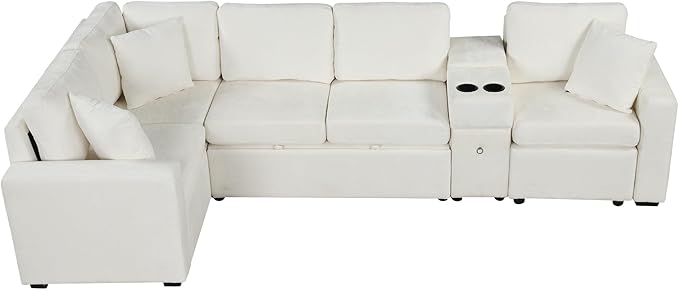 ERYE 120.5-Inch Oversized Sleeper Sectional Sofa W/Pull Out Sleeper Couch Bed, Modern Chenille Upholstered Reversible Modular Sectional Sleeper Sofa with Console & Cupholders | Storage