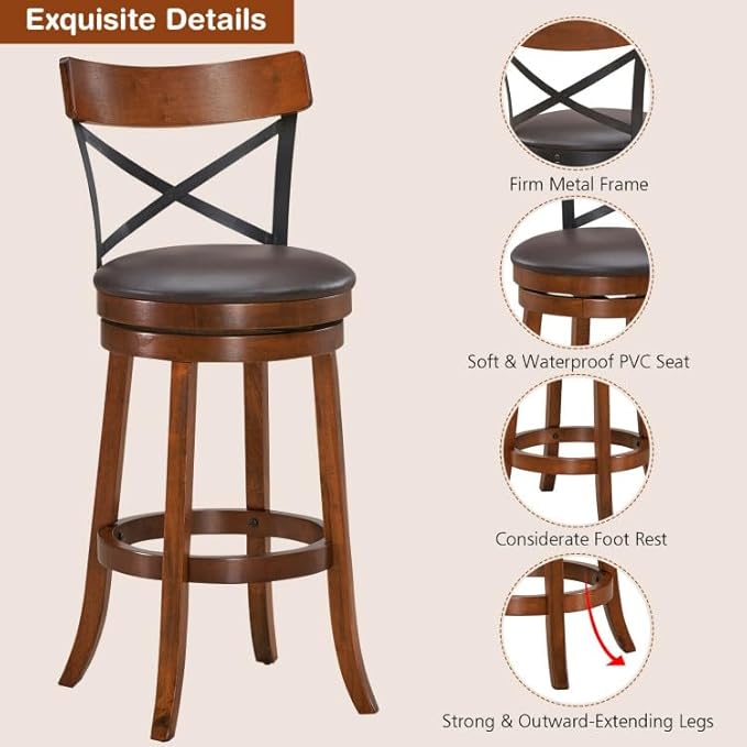 ERGOMASTER Swivel Bar-Stools Rubber Counter Height Barstool 24 Inch Seat Height Bar Chair Cappuccino X Open Back Heavy Duty for Kithcen Dining Bar（ 29 Inches, Set of 2）