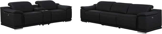 BlackJack Furniture Venice Top Grain Italian Leather Power Recline 6 Piece 5 Seater Sofa - 107" Theater Seating Modern Couch for Living Room Apartment with Adjustable Headrests & USB Port, Black