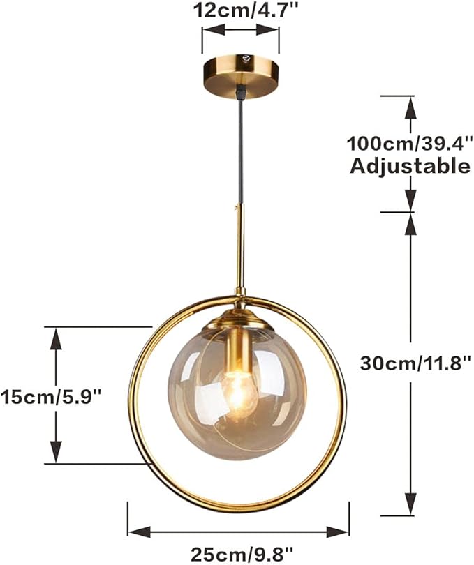 BOKT Modern 1-Light Globe Pendant Light Mid Century Amber Glass Ball Pendant Lighting Brushed Gold Single Round Circle Hanging Lamp Kitchen Island Dining Room Pendant Light Fixture