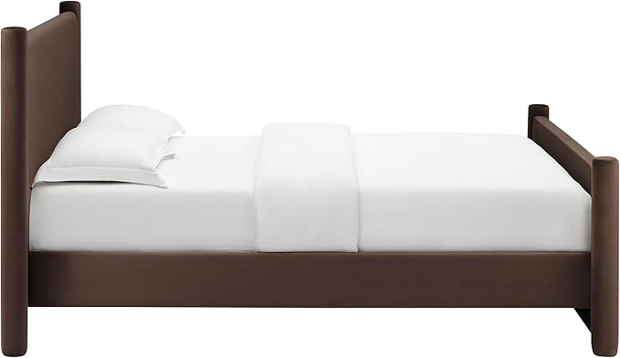 Modway Rael King Platform Bed Frame with Upholstered Headboard and Footboard in Chocolate Brown – Stain-Resistant Performance Velvet King Size Bed with Rounded Posts