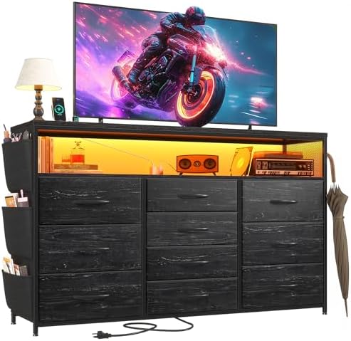 EnHomee 10-Drawer Dresser TV Stand for 55" TV with LED Lights, Power Outlets & Side Pockets (Black)