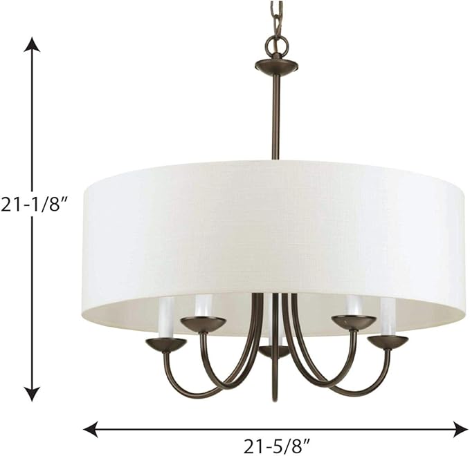 Drum Shade Collection 5-Light White Textured Linen Shade Farmhouse Chandelier Light Antique Bronze