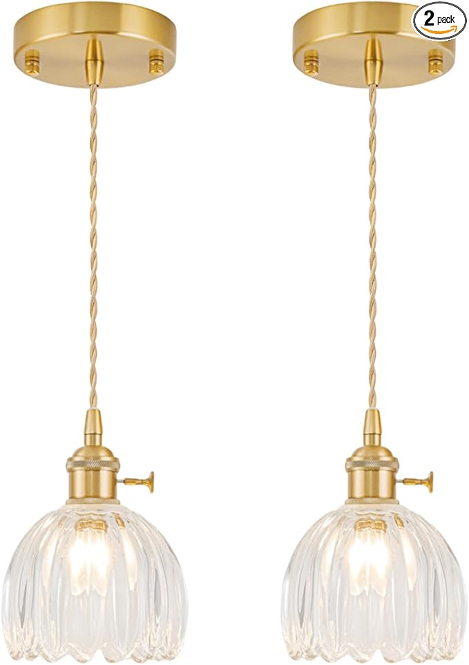 Mini Pendant Lights Kitchen island 2 Pack, Small Adjustable Pendant Light Fixture with Transparent Tulip Glass Lampshade, Vintage Gold Pendant Lighting, Pendant Light for Bedroom Dining Room Hallway