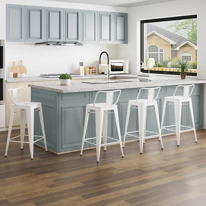 Tongli Metal Bar Stools Set of 4 Barstools Counter Height Bar Stools with Back Industrial Bar Stool Indoor Counter Stool Kitchen Island Stools Modern Bar Chair 24 inch White Cream