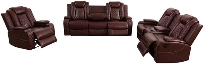 Electric Power Recliner Chair/Loveseat/Sofa Living Room, Comfy Home Theater Breathing Leather Seating with USB 2.0 Charging Ports, LED Light Strips, Fold-Down Table & Cupholders (Red, 3-Piece)