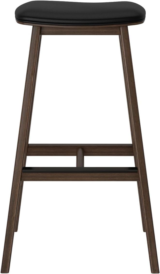 Plank+Beam Beryl Bar Height Stool - Mid-Century Modern Rubberwood Bar Stool with Faux Leather Seat, Metal Footrest, Easy Assembly, 2-Pack, Walnut/Black