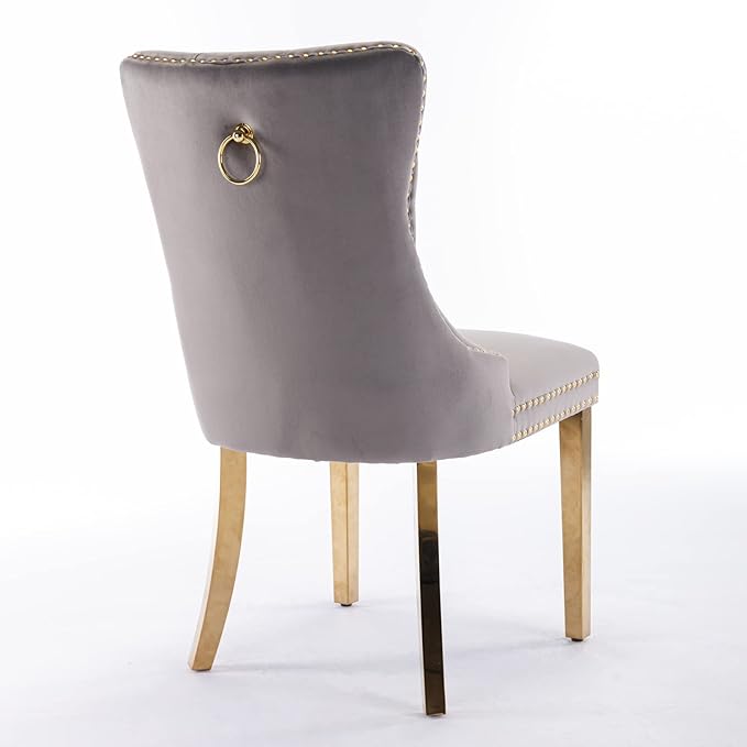 Solid Wood Velvet Upholstered Dining Chair with Golden Stainless Steel Plating Legs,Contemporary Design W/Nailhead Trim,Set of 2,for Living Room,Apartment,Gray and Gold