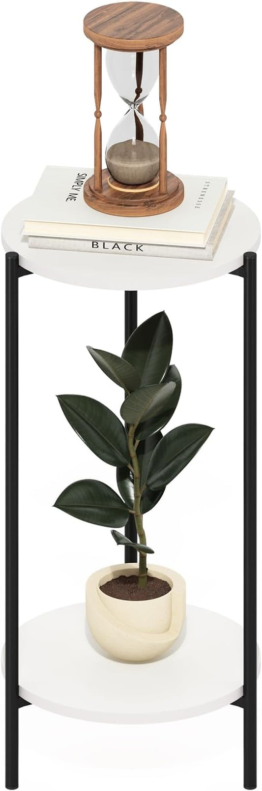 Furinno BESI Side Table, 2-Tier Tall Round End Table with Metal Legs, Metal Frame Night Stand, Bedside Table with Open Shelf, for Living Room, Bedroom, White