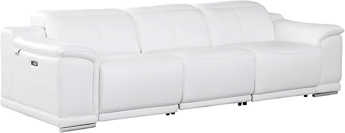 BlackJack Furniture Venice Top Grain Italian Leather Dual Power Recliner Sofa - 107" Theater Seating Modern Couch for Living Room Apartment Lounge Home with Adjustable Headrests & USB Port, White