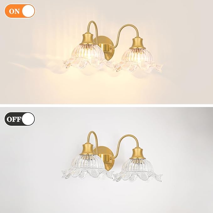 Vintage Vanity Light 2-Light, Gold Bathroom Light Fixture with Crystal Glass Shades, Wall Sconce for Bathroom Mirror Lighting, Brass Wall Sconce Decor for Powder Rooms, Dressing Areas