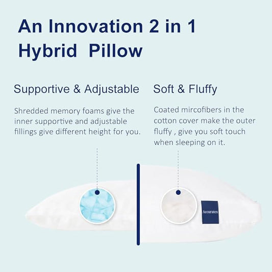 ACCURATEX Hybrid Pillow for Sleeping, Adjustable Shredded Memory Foam Pillow Core with Fluffy Down Alternative Fill Removable Cotton Cover,for Side,Back,Stomach Sleepers,Standard Size
