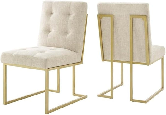 Modway Privy Stainless Steel Upholstered Fabric Dining Accent Chair Set of 2, Gold Beige
