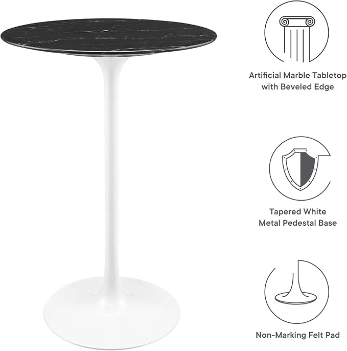 Modway Lippa Round 28" Artificial Marble Mid-Century Modern Bar Table in White Black