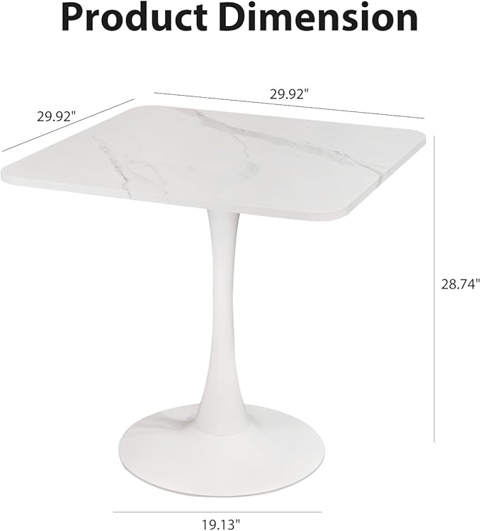 Square Modern Dinning Table 30 inches for 2-4 Bistro Tulip Table with Faux Marble top,Easy Install Construct,no Wobble,Stable Sturdy Metal Frame Diameter 30in*H28.74in(White, 30in)