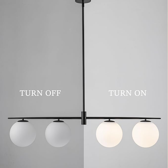 Black 45.3" Linear Chandeliers for Dining Room 4-Lights Milk Glass Globe Large Modern Linear Chandelier for Kitchen Island Living Room, Mid Century Chandelier Light Fixture Over Table