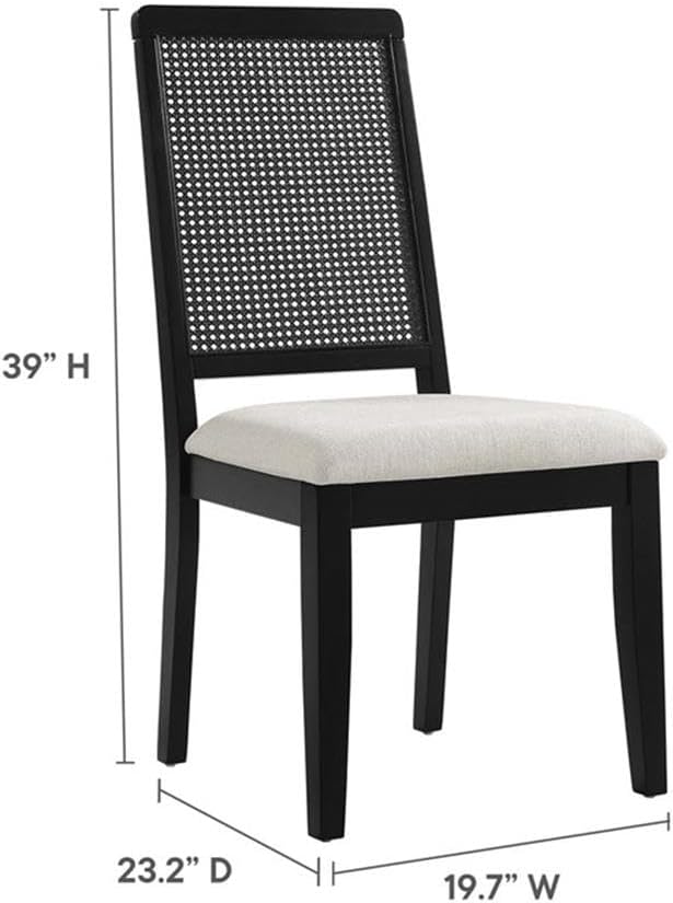 Modway Arlo Wood and Faux Rattan Dining Chairs Set of 2 in Black Black Heathered Weave Ivory - Modern Farmhouse Accent Chairs - Fabric Upholstered Chairs for Dining Room