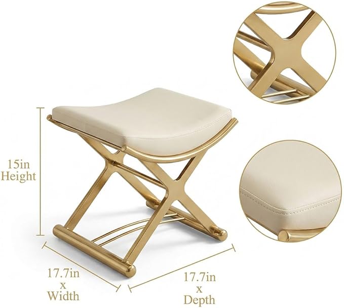 CHSSIH Vanity Stool Chair for Makeup - Small Backless Leather Stool for Vanity - Modern Ottoman Bench Seat with Metal X Legs, Footstool for Bathroom & Living Room - Gold