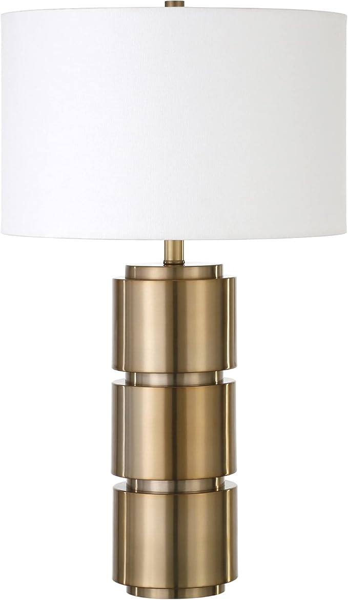 Henn&Hart 27" Mid-Century Modern 1-Light Table Lamp with White Fabric Drum Shade for Living Room, Bedroom, or Office, Gold
