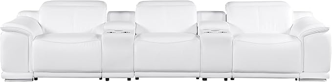 BlackJack Furniture Venice Top Grain Italian Leather Power Recline 5 Piece Sofa - 134" Theater Seating Modern Couch for Living Room Apartment Lounge Home with Adjustable Headrests & USB Port, White