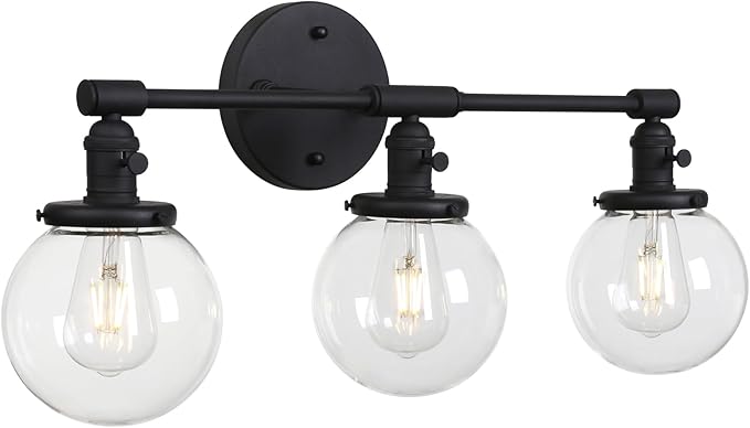 PERMO Vintage Wall Sconce Antique 3 Lights Modern Vanity Light Over Mirror Sconce with 5.9" Round Clear Glass Globe Shade (Black)
