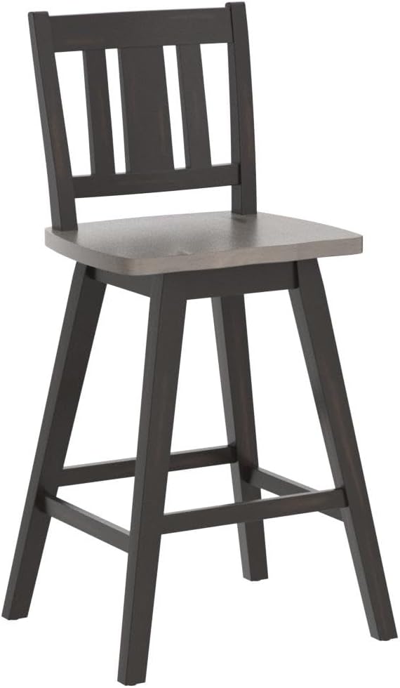 Lexicon Counter Height Stools Set of 2-Solid Wood Frame 360° Swivel Wooden Stools, Foot Rest, Slat Back, Wide Seat, Distressed Farmhouse Easy to Clean Finish, 24" SH, Antique Black/Grey