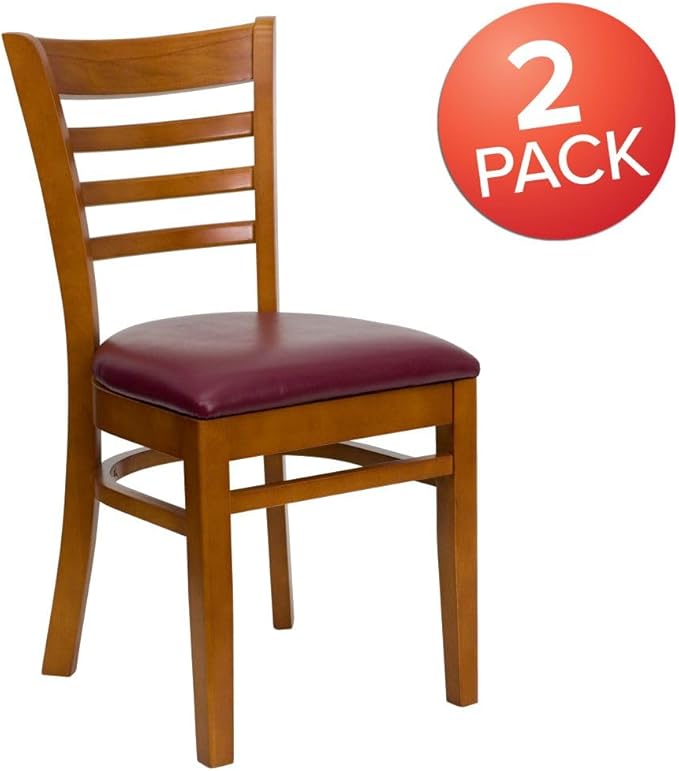 Flash Furniture 2 Pack HERCULES Series Ladder Back Cherry Wood Restaurant Chair - Burgundy Vinyl Seat
