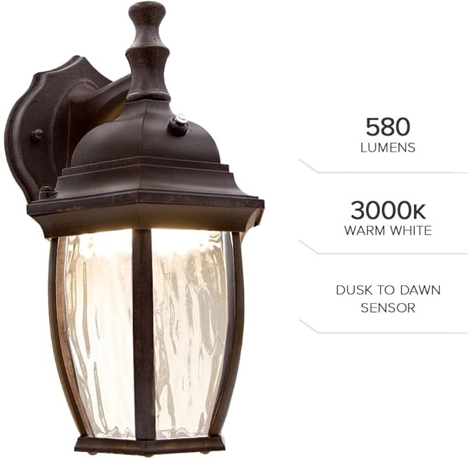 Maxxima LED Outdoor Wall Light - Features Clear Water Glass, 3000K Warm White, 580 Lumens, Dusk to Dawn Photocell Light Sensor, Patio or Porch Sconce Fixture, Ideal for Exterior Decor Lighting - Brown