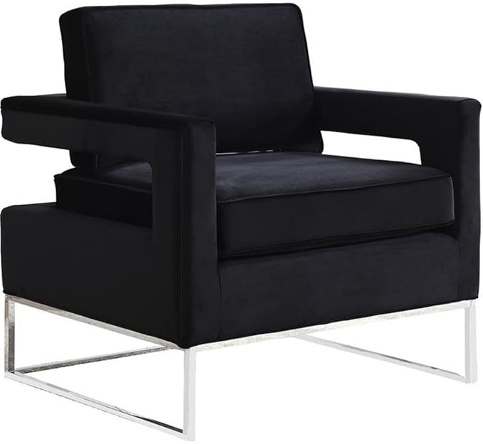 Meridian Furniture Noah Collection Modern | Contemporary Velvet Upholstered Accent Chair with Durable Stainless Steel Base, Black, Chrome Base